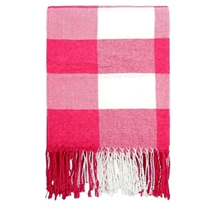 Pink Plaid Chenille Throw Blanket Extra Soft 3 Inch Tassels 50" W x 70" L - Picture 1 of 8