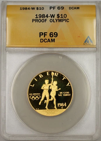 1984-W Proof Olympic Commemorative Gold Coin $10 ANACS PF 69 Proof DCAM Cover