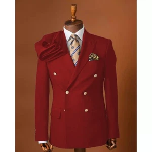 Men's Suits Peak Lapel Double-Breasted Formal Business Wedding Groom Tuxedo 2Pcs - Picture 1 of 32