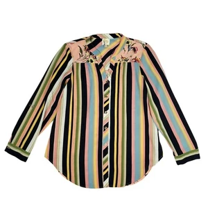 Anthropologie Fig & Flower Womens Top Sz M Button Roll Tab Striped Floral Pink - Picture 1 of 10