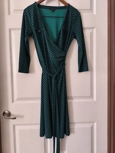Talbots women's navy blue & green print Faux wrap style stretch dress size S - Picture 1 of 7