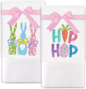 2 Pack Easter Hand Towels Cotton Embroidered Easter Bunny Carrot Bathroom Towel - Picture 1 of 12