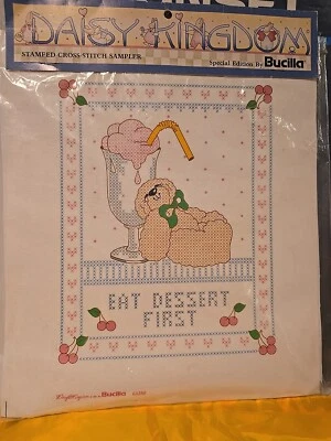 Vntg. Cross Stitch Stamped Sampler "Eat Dessert First" New So Cute!! 1991 - Image 1 of 4
