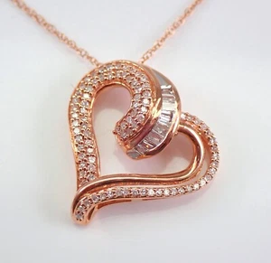 Solid Rose Gold Genuine Diamond Heart Pendant Necklace 18" Chain - Picture 1 of 5