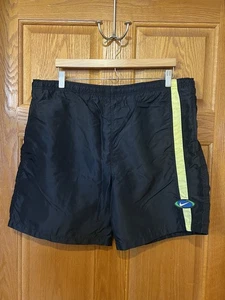 BU48 Vintage Nike Swim Trunks Nylon Mesh Lined Black Yellow Mens Large - Picture 1 of 4