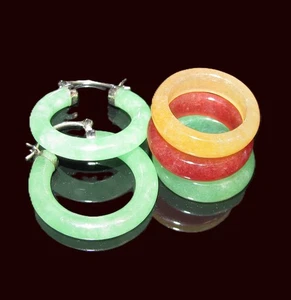 Vintage Sterling Silver Jade Hoop Earrings & Jade Multi Color Ring Set 20g - Picture 1 of 23