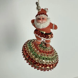 Vintage Flocked Sequin Bead Santa Push Pin Ornament Handcrafted 5” MCM - Picture 1 of 7