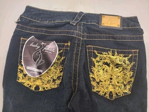 Vintage Baby Phat Jeans Flare High Rise Size 3 Dark Blue, Gold Label Embroidery  - Picture 1 of 13