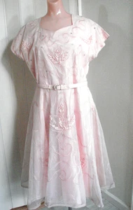 VTG 40s 50s Dress PINK CHIFFON Flare Soutache RHINESTONES L B42 Lined Party Prom - Picture 1 of 9