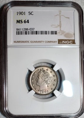 NGC MS-64 1901 Liberty Nickel, Frosty, High-Quality specimen! - Image 1 of 2