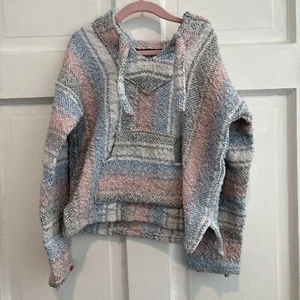 Toddler Sz 4 Hoodie Made In Mexico Mexican Poncho Pink Blue Woven Sweater - Picture 1 of 9