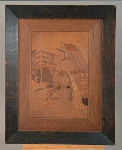 Antique Arts & Crafts Mill Landscape 1920’s Wood Marquetry Panel - Picture 1 of 4