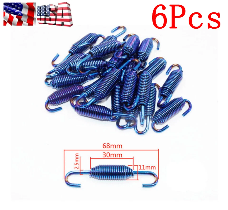 6Pcs 68mm Blue Motorcycle Exhaust Muffler Pipe Stainless Steel Swivel Springs US - Image 1 of 4