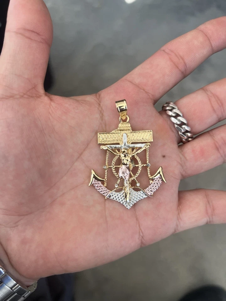 MEN's Stainless Steel Gold Plated Anchor JESUS Cross Charm Pendant*GP58 - Image 1 of 4