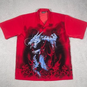 Vintage ODO Shirt Mens XL Red Ghost Dragon Front and Back Button Up 90s Y2K - Picture 1 of 8