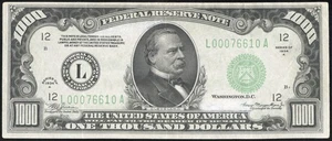 US Paper Money $1000 Bill 1934A Federal Reserve Note Cleveland NO RESERVE! - Picture 1 of 2