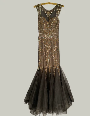 Pageant Mermaid Cap Sleeve Hand Beaded Gown Brown By GLS Junior Sz XS - Image 1 of 4