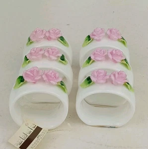 Set of 6 VTG White Porcelain Pink Rose Napkin Rings Applied Flowers 2.25" x 2" E - Picture 1 of 11