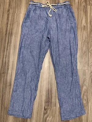 C&C California Women’s 100% Linen Blue Straight Leg Braided Belt Pants M - Image 1 of 4