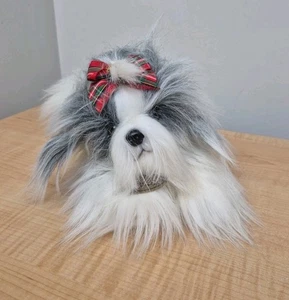 Yomiko Clásico Shih Tzu Perro 12" Gris Blanco Peluche Russ Arco a Cuadros - Imagen 1 de 12