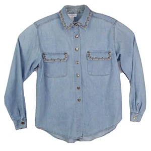 Vintage Ann Taylor Button-Up Top Blue Denim Size XL Long-Sleeve Embroidered - Picture 1 of 5