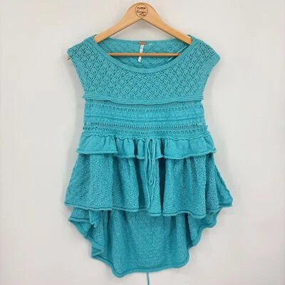 Nuevo sin etiquetas Top Free People Azul Juliette Volantes, Talla Med, Mezcla de Lino Boho Tejido Hippie Foto 1 de 4