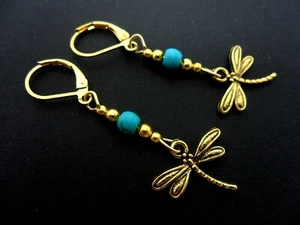 A PAIR OF GOLD COLOUR TURQUOISE BEAD LEVERBACK HOOK DRAGONFLY EARRINGS. NEW. - Picture 1 of 1