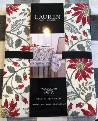 Ralph Lauren FLORAL BLOCKPRINT 60 x 84"  Red, Grey, Off-white Tablecloth -- NWT - Image 1 of 3