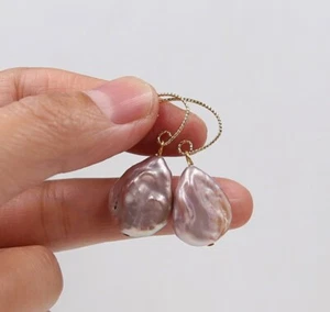 Natural 15x20mm Purple Cultured Baroque Pearl Earrings 18KGP Ear Drop Hoop ~~P25 - Picture 1 of 6