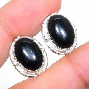 Black Onyx Gemstone 925 Sterling Silver Jewelry Stud Earring Sz 0.75" - Picture 1 of 1
