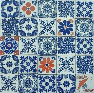 100 PCS MEXICAN TALAVERA TILES 4x4 TERRACOTTA & BLUE MIX FOLK ART # 2 - Picture 1 of 2
