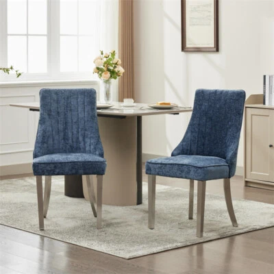 2PCS Modern Upholstered Dining Chairs Comfy Chenille with Silver Steel Legs,Blue - Image 1 of 4