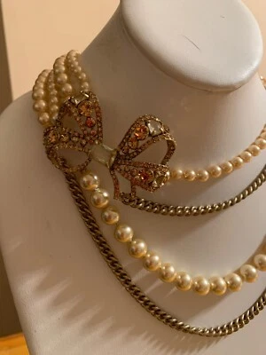 NUEVO SIN ETIQUETAS ABS Allen Schwartz tono dorado multi cadena perlas y diamantes de imitación arco collar 103 Foto 1 de 4