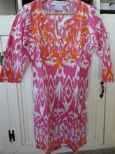NEW! Gretchen Scott XS Pink & Orange  Embroidered 3/4 Sleeve Tunic Top V Neck - Picture 1 of 6