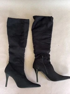 BP Black Faux Suede Knee High Boots Sweetness 7.5 Square Point Toe High Heels - Picture 1 of 15