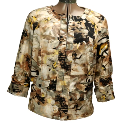 Blazer Coldwater Creek Floral Acanalado Manga 3/4 Cremallera Frontal Forrado Marrón Amarillo 16 Foto 1 de 4