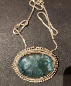 Vintage Sterling Silver Necklace 925 Italy Green Agate Moss Pendant - Picture 1 of 5
