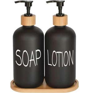 Black Soap Dispenser Bathroom Set, Set with Glass Dispenser, Bamboo Pumps & T... - Picture 1 of 4