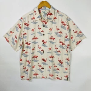 Caribbean Men's Hawaiian Men's Large White Silk Blend Pink Flamingo Button Up - Picture 1 of 11