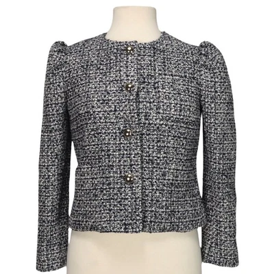 Chaqueta Blazer Kate Spade Tweed Manga Abullonada Mujer Talla 6 Azul Marino Blanco Foto 1 de 4