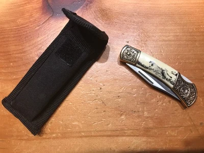 CLASSIC SCRIMSHAW-STYLE HANDLE JAGUAR ONE BLADE STAINLESS STEEL POCKET KNIFE - Image 1 of 4