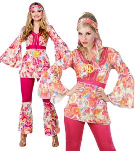 Disfraz Hippy Adulto Damas Hippy Llamaradas Top Conjunto Años 60 70 Vestido Elegante Talla 6-28 - Imagen 1 de 9