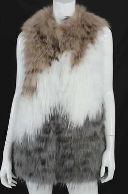 LINDA RICHARDS Brown, White & Gray Fox Fur Collarless Clasp-Front Vest S - Image 1 of 4