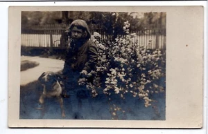 DOG RPPC Little Girl FLOWERS Fence Garden OLD Vintage Real Photo Postcard - Picture 1 of 2