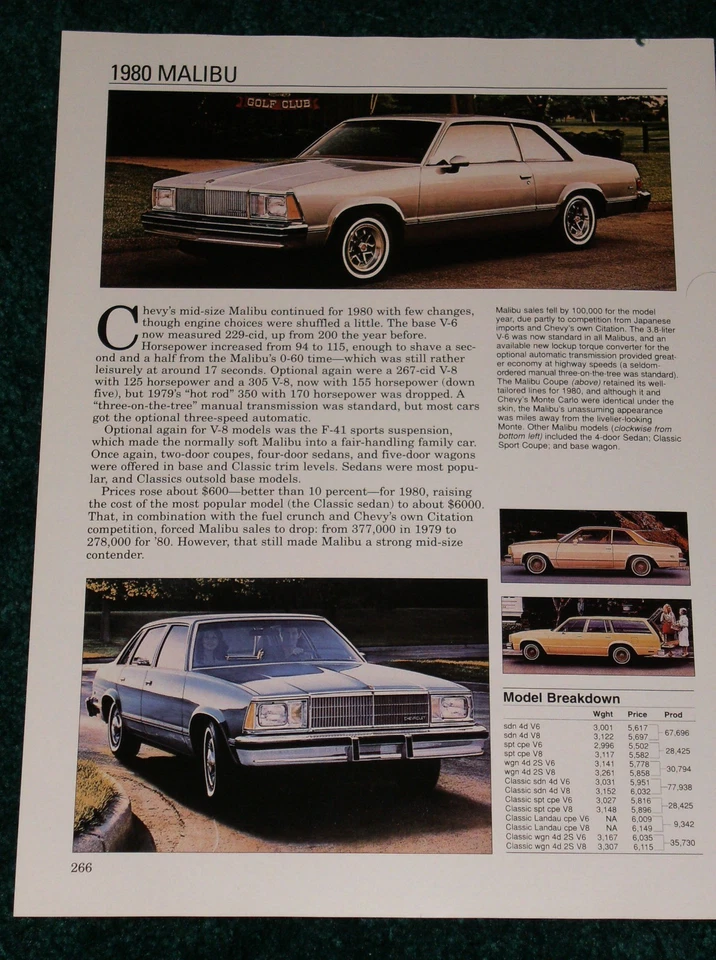 Chevy Malibu 1980 hoja de especificaciones información foto 80 Landau cupé 267 305 vagón  Foto 1 de 1