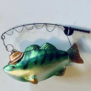 Glass Fish Christmas Ornament Green With orange Hat On Fishing Pole Outdoor - Picture 1 of 6