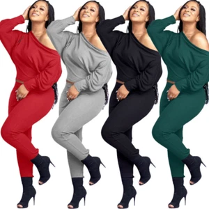 New Women Fashion Long Sleeves Solid Patchwork Skinny Casual Jumpsuit 2pcs - Picture 1 of 13
