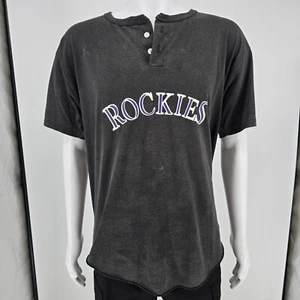 Distressed Vintage 1990s Colorado Rockies Baseball Black Henley T-Shirt (XL) - Picture 1 of 14
