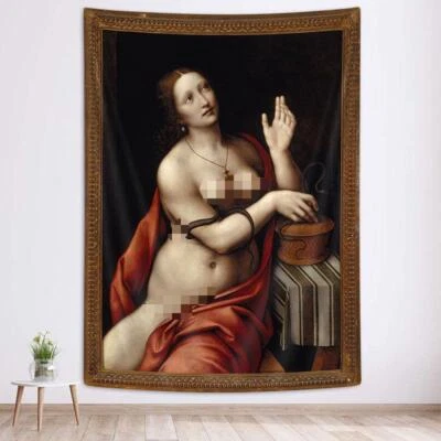 Tapeçaria extra grande arte religiosa cobra mulher nua medieval pendurada na parede - Imagem 1 de 4