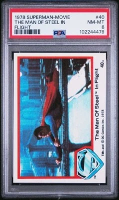 1978 TOPPS SUPERMAN MOVIE THE MAN OF STEEL IN FLIGHT #40 PSA 8, POP 4, 1 HIGHER - Image 1 of 2